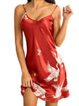 ARCFEETORY Nuisette Satin pour Femme Chemise de Nuit avec Col en V Lingerie Robe de Nuit Bretelles Spaghetti Reglables Sling Pyjama Grue Rouge M