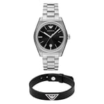 Emporio Armani Men's Silver-Tone Stainless Steel Watch and Leather Bracelet, Set