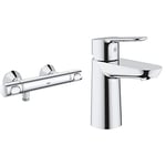 GROHE Precision Flow - Wall Mounted Thermostatic Shower Mixer, Chrome, 34840000 & BauEdge - Smooth Body Single-Lever Basin Mixer Tap, Size 144mm, Chrome, 23330000