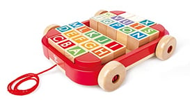 Hape Push & Pull - Chariot à Tirer avec Blocs à Empiler - Enfants 3 Ans et Plus - 26 Blocs de Lettres et de Couleurs Différentes - pour Apprendre l'Alphabet, la Motricité - Adapté aux Petites Mains