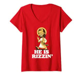 Womens He Is Rizzin' Funny Christian Jesus Christ Rizz Risen Easter V-Neck T-Shirt