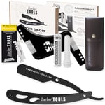 Kit de rasage - Rasoir barbe - Rasoir homme - coupe choux barbe - avec 50 Lames Simples (lame de rasoir) + Chiffon + Stick d'alun + Étui de rangement + Peigne guide pour rasage -NOIR- BARBER TOOLS