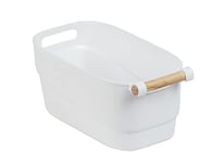 WENKO Casier de Rangement avec poignée en Bois pour Plus d'ordre sur l'étagère, casier de Rangement en matière Plastique avec poignée Pratique en Bois, Lavable, 14,5x12x27cm, Blanc/Marron