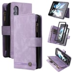 Fodral för Samsung Galaxy Z Fold 3 5g Läder Flip Case Med Kreditkortshållare Pengarficka Magnetiska knappar Case Kickstand Shoc Lila A