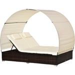 Lit de jardin modulable bain de soleil 2 places grand confort pare-soleil amovible matelas tétière crème résine tressée 4 fils chocolat - Marron