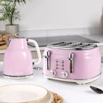 Salter Retro Style Kettle & Toaster Set 1.7L Fast Boil 4-Slice Wide Slots - Pink