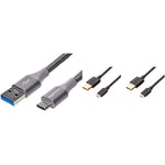 Amazon Basics Câble en nylon à double tressage USB de type C vers port de type A 3.1, 1e génération, mâle, 1,8 m, Gris foncé & Câble USB 2.0 A mâle vers micro B (2 lots), 1.83 m, Noir