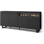 Buffet salon et cuisine, Meuble de Rangement, Commode, 200x87x35cm, 4 Portes, Cheminée électrique, Design industriel, Style moderne, Noir - Skraut