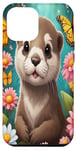 Coque pour iPhone 14 Pro Max Adorable bébé loutre entouré de fleurs et de papillons