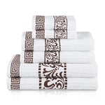 Superior Greek Pattern Decorative 6-Piece Towel Set, Absorbent Premium Cotton, Decor for Bathroom, Spa, Includes 2 Hand, 2 Face, and 2 Bath Towels, Home Essentials, Athens Collection, Chocolate