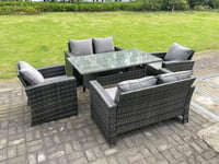 6 Seater Outdoor Dark Grey Mixed High Back Rattan Sofa Dining Table Set Garden Furniture Arm Chairs Love Sofa