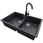 Evier Cuisine en Granit 78x50cm, Lavabo 2 bacs + Kit de Vidage + Robinet 5010 Madrid Twin de Primagran Graphite