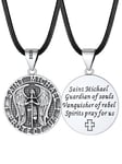 FaithHeart Men's St Michael Necklace Silver, Vintage Style Saint Michael Archangel Jewelry Leather Rope Necklaces for Man Boys