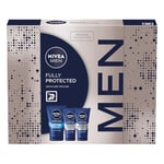 NIVEA MEN Fully Protected Gift Set (3 Products), Men's Skincare Gift Set with Face Wash, Exfoliating Scrub, and Moisturiser, Perfect as Christmas or Birthday Gift for Him