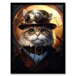 Cat In The Hat Steampunk Moggie Cute Fun Artwork Art Print Framed Poster Wall Decor