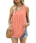 Aokosor Ladies Tops Summer Vests Women Square Neck Sleeveless Pleated Tank Top Coral Size 14-16