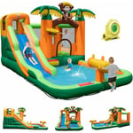 7 en 1 Château Gonflable Singe Aire de Jeux Gonflable avecToboggan, pour 1-3 Enfants de 90KG,50 Balles Océaniques, Singe - Goplus