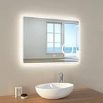 EMKE Miroir de Salle de Bain, avec éclairage, 80 x 60 cm, avec 3 miroirs cosmétiques, Anti-buée, Miroir Lumineux Blanc Froid, 6 500 K, Tactile, IP44, économe en énergie