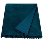 Ragged Rose 140 cm x 180 cm Throw Blanket - Pom Pom Throw Made of Cotton Velvet with Pompom Trims on Sides - Versatile Cotton Velvet Blanket for Sofa & Bed