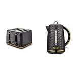 Tower T20061BLK Empire 4-Slice Toaster with Defrost/Reheat, Removable Crumb Trays, 1600W, Black and Brass & T10052BLK Empire Rapid Boil Kettle with Removable Filter, 3000W, Black and Brass