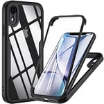 OWKEY Coque pour iPhone XR, Antichoc Housse avec Protection D'écran Intégré, 360 Degrés Full Body Protection Case Double Face Bumper Etui, 6.1 Pouces - Noir