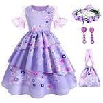 Encanto Isabella Costume Dress for Girls Princess Halloween Costume Dress Up with Bag, Earrings, Garland