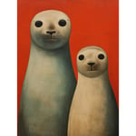 Seal Pups Portrait White Cream On Red Crimson Coral Detailed Oil Painting Unframed Wall Art Print Poster Home Decor Premium