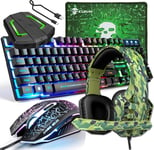 UK Layout 5-in-1 Gaming Keyboard and Mouse Set Rainbow Backlit USB Gaming Keyboard + 2400dpi 6-Button Optical Rainbow LED USB Gaming Mouse + Gaming Headset + Mouse Pad + PS4 Adapter