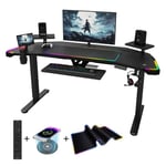 Devoko Bureau Gaming LED 186cm, Bureau Assis Debout Électrique, Bureau Gamer avec Chargeur sans Fil, Prise, Tapis de Souris RGB et Plateau pour Clavier, Bureau Réglable en Hauteur（186cm,Noir）