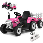 Goplus - Tracteur électrique Enfant avec Remorque,Batterie 12V,Roue Motrice Arrière et Phare à led et Musique, Ceinture de Sécurité et Télécommande,