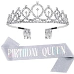 Leixi Birthday Queen Sash & Rhinestone Tiara Kit - 21st 30th Birthday Gifts Birthday Sash for Women Birthday Party Supplies (Sliver)