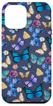 iPhone 13 Pro Max Colorful Floral Pattern Butterfly Garden on Dark Blue Case