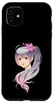 Coque pour iPhone 11 Anime japonais fille rose avec fleur de lys mignons yeux bleus