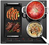 Table de cuisson à induction 60 cm, plaque à induction 7400W, AMZCHEF 4 zones avec deux zones flexibles, 9 niveaux de puissance et booster, fonction pause et maintien au chaud, fonction BBQ