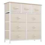 YITAHOME Commode pour Chambre à Coucher, Commode à 9 Tiroirs en Tissu Meuble de Rangement avec Dessus en Bois et Grand Espace de Rangement Chambre à Coucher, Salon, Chambre d'enfant, Crème Blanche