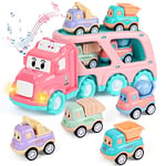 Weinsamkeit Jouet Camion avec Sons et Lumières, 5 en 1 Jouet Garage Voiture pour Enfants, Transporter Truck Cars Voiture Jouet Portable Bus Jouet Éducatifs Cadeau pour Enfants 3 4 5 Ans Garçons Filles