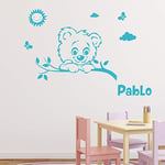 Stickers Prénom Personnalisé | Sticker Autocollant Ourson - Décoration Murale Chambre Enfant | 2 Planches de 30 x 40 cm et 45 x 30 cm – Bleu Ciel