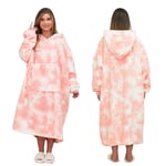 Dreamscene Extra-Long Tie Dye Oversized Hoodie Blanket Sweatshirt Soft Sherpa Fleece Throw Cosy Wearable Hooded Blanket Big Jumper - Soft Blush Pink, One Size Fits All - Adults Kids Men Women