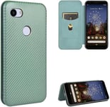 Compatible Avec Coque Google Pixel 3a Xl, Mince Flip Fibre De Carbone [Test De Chute] Antichoc Stand Fente Avec Carte, Protecteur D'écran En Verre Trempé*2-Vert