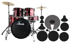 Kit Batterie Acoustique 22'' Ensemble Complet Tabouret Sourdine Cymbales Rouge