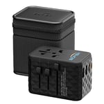 Bigfish Universal Travel Adapter WorldWide with 65W USB C PD Fast Charging, featuring 2 USB A and 2 USB C ports, and Dual 10A Fuses,All-in-One international design supports EU, UK, US, and AUS plugs