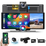 Wireless Carplay & Android Auto Screen with 2.5K Dual Dash Cam, 10.26'' HD IPS Screen Portable Driveplay with Dual Bluetooth Mirror Link Siri 64G SD Card