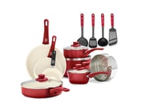 GreenLife Soft Grip Healthy Ceramic Nonstick 16 Piece Kitchen Cookware Pots and Pans Set, Includes Frying Pan Skillets Sauce and Casserole, PFAS-Free, Oven Safe, Red