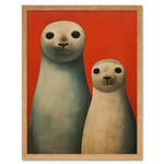 Seal Pups Portrait White Cream On Red Crimson Coral Detailed Oil Painting Art Print Framed Poster Wall Decor 12x16 inch