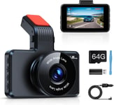 Dashcam Voiture Avant avec Carte SD 64G, 1080P FHD 3"" Caméra Embarquée Voiture, Dashcam Auto avec Grand Angle 170°, Vision Nocturne, WDR, Enregistrement en Boucle