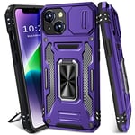 BaHaHoues for iPhone 13 Case/iPhone 14 Case with Slide Camera Cover for iPhone 14 Phone Case with Magnetic Kickstand Ring, Military Grade Shockproof Protective Case for iPhone 14 & iPhone 13 (Purple)