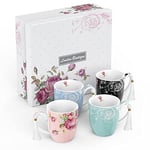 London Boutique Lot de 4 tasses en porcelaine - Style vintage shabby chic - Motif floral - 4 couleurs - 350 ml - Rose