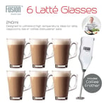 6 x LATTE GLASSES 240ML TEA WITH MILK / COFFEE FROTHER CAPPUCCINO GLASS CUPS