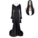 Onsdag Morticia Addams Cosplay Kostym Sexig Svart Klänning För Kvinnor Halloween Carnival Party Costum Med Peruk S