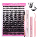 Fadlash Eyelash Extension Kit 0.07 D 8-16mm 100D Wispy Lashes Cluster Lashes Glue Bond And Seal With Tweezers&Eyebrow Brush Eyelash And Lash Adhesive Remover DIY At Home